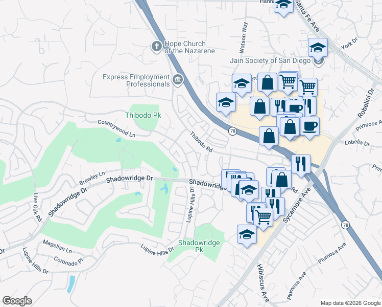map of restaurants, bars, coffee shops, grocery stores, and more near 942 Lupine Hills Drive in Vista
