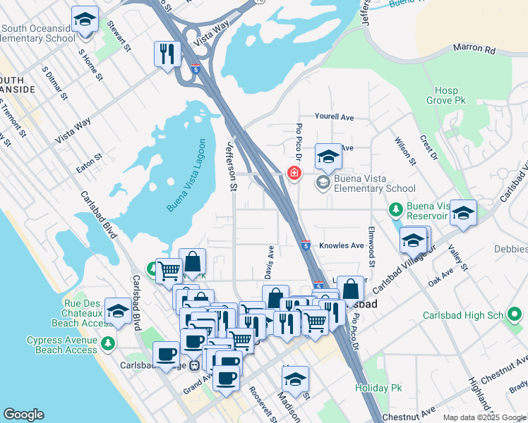map of restaurants, bars, coffee shops, grocery stores, and more near 1097 Buena Vista Way in Carlsbad
