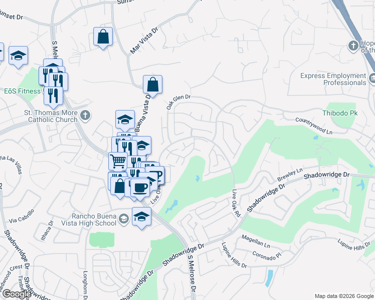 map of restaurants, bars, coffee shops, grocery stores, and more near 1302 Montego Court in Vista