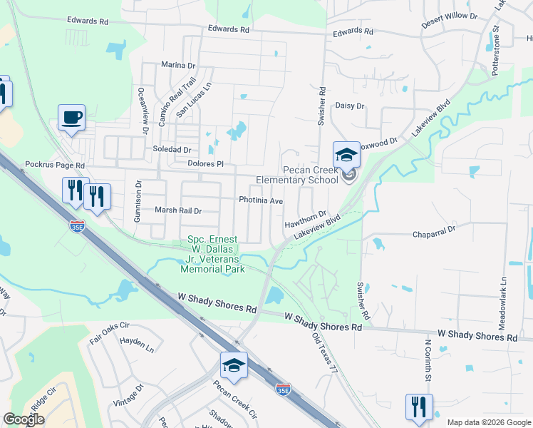 map of restaurants, bars, coffee shops, grocery stores, and more near 4521 Redbud Drive in Denton