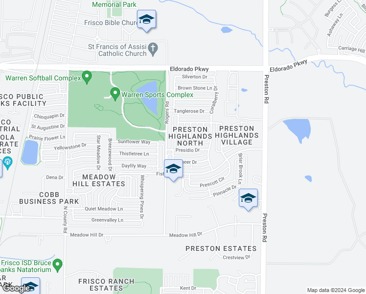 map of restaurants, bars, coffee shops, grocery stores, and more near 8210 Presidio Drive in Frisco