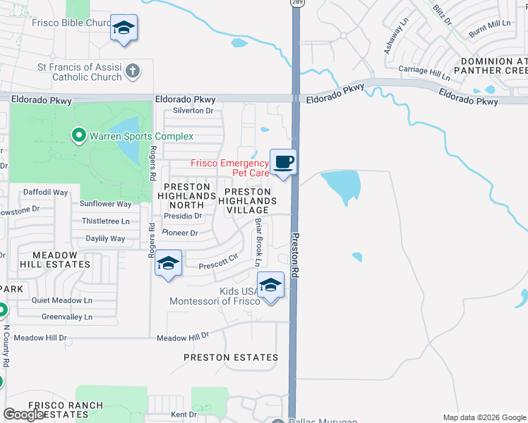 map of restaurants, bars, coffee shops, grocery stores, and more near 8768 Dancliff Drive in Frisco
