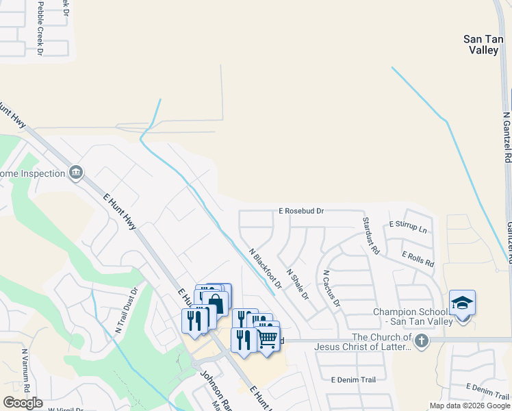 map of restaurants, bars, coffee shops, grocery stores, and more near 526 East Rosebud Drive in San Tan Valley