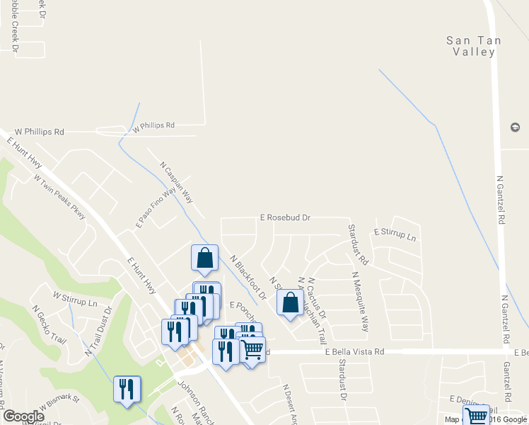 map of restaurants, bars, coffee shops, grocery stores, and more near 674 East Rosebud Drive in Queen Creek