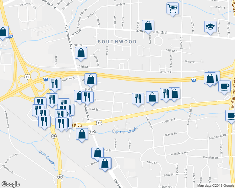 map of restaurants, bars, coffee shops, grocery stores, and more near 4103 5th Avenue in Tuscaloosa
