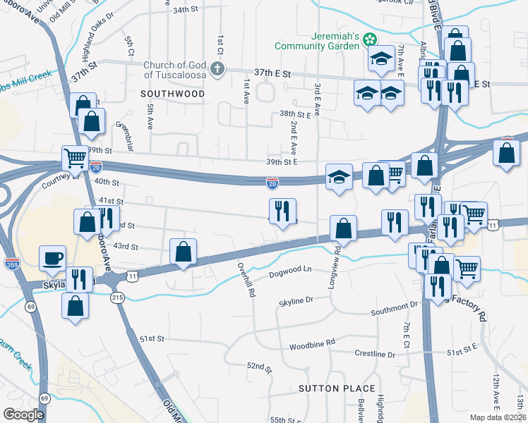 map of restaurants, bars, coffee shops, grocery stores, and more near 26 41st Street East in Tuscaloosa