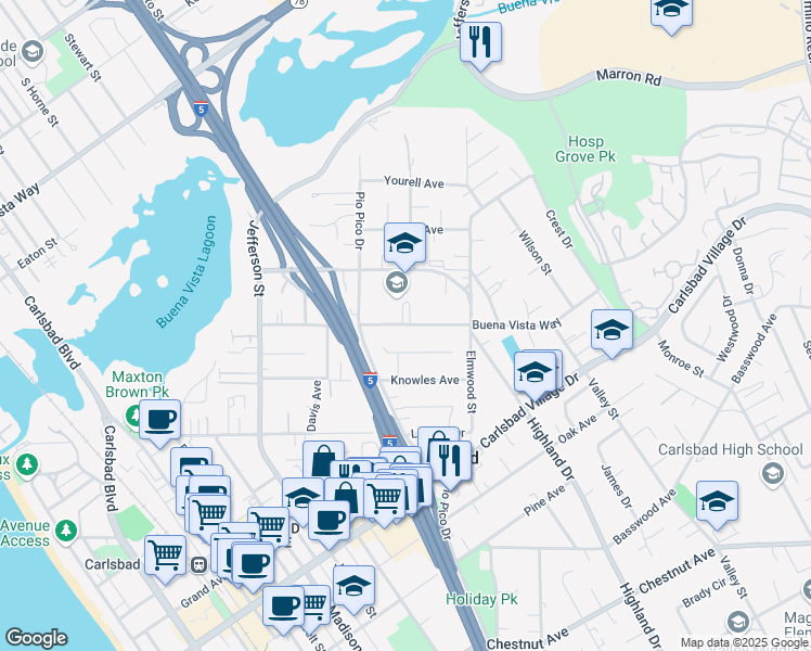 map of restaurants, bars, coffee shops, grocery stores, and more near 1330 Buena Vista Way in Carlsbad