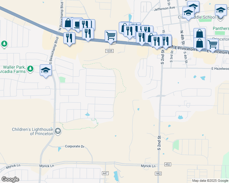 map of restaurants, bars, coffee shops, grocery stores, and more near 447 Crystal Clear Lane in Princeton