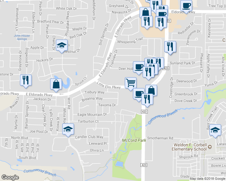 map of restaurants, bars, coffee shops, grocery stores, and more near 2447 Tisbury Way in Little Elm