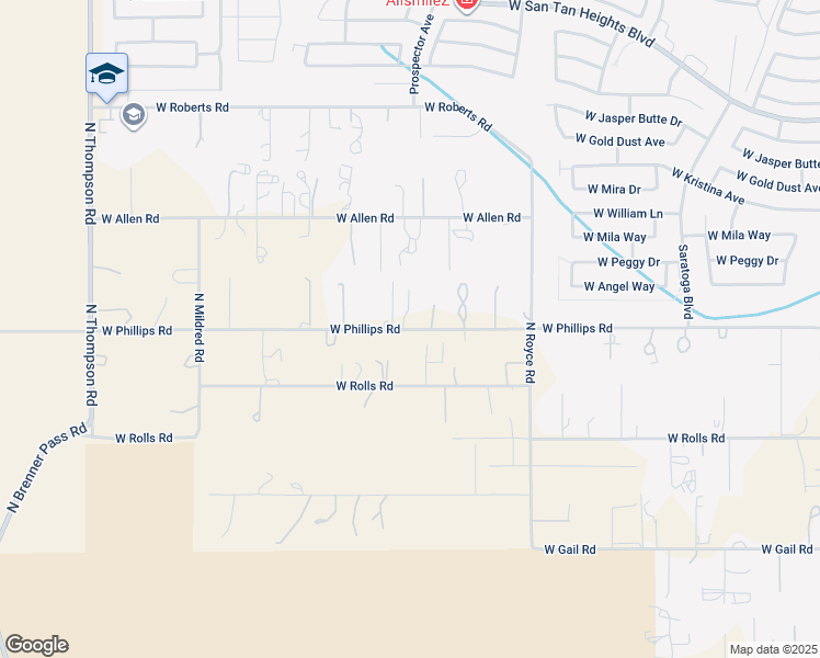 map of restaurants, bars, coffee shops, grocery stores, and more near 3550 West Phillips Road in Queen Creek