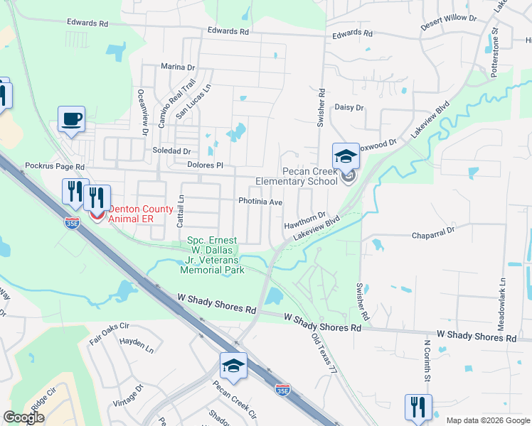 map of restaurants, bars, coffee shops, grocery stores, and more near 4521 Redbud Drive in Denton