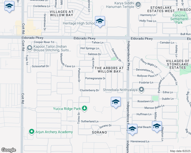 map of restaurants, bars, coffee shops, grocery stores, and more near 13926 Pomegranate Drive in Frisco