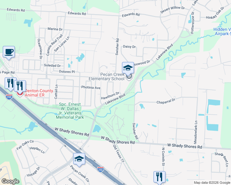 map of restaurants, bars, coffee shops, grocery stores, and more near 4508 Black Walnut in Denton