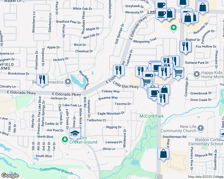 map of restaurants, bars, coffee shops, grocery stores, and more near 2337 Tisbury Way in Little Elm