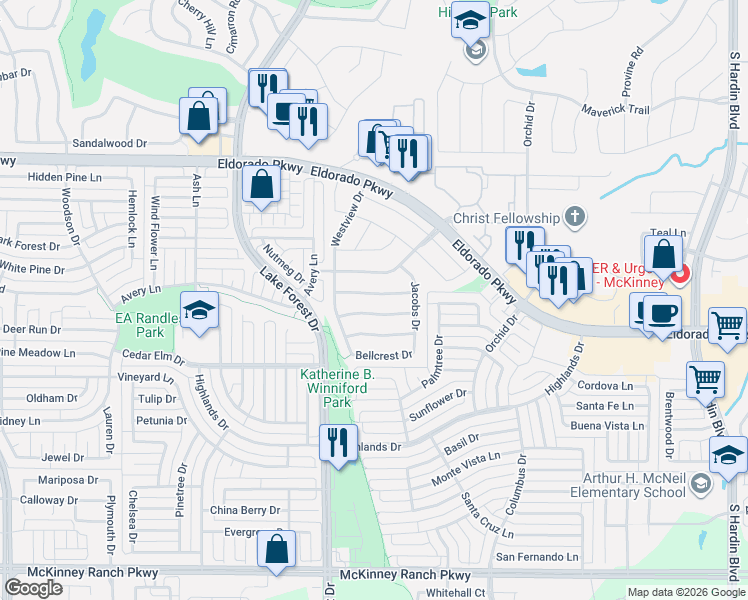 map of restaurants, bars, coffee shops, grocery stores, and more near 4512 Willow Way Drive in McKinney