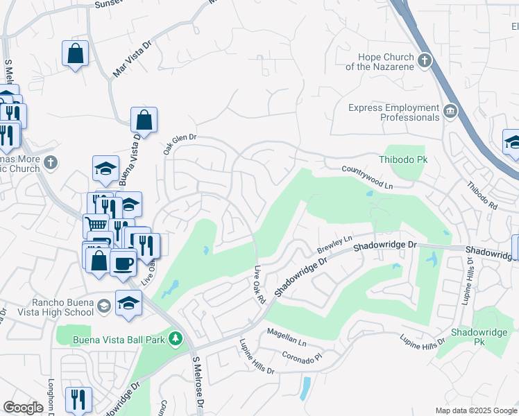 map of restaurants, bars, coffee shops, grocery stores, and more near 1423 Portofino Drive in Vista