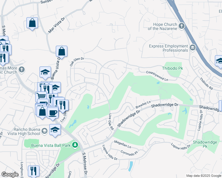 map of restaurants, bars, coffee shops, grocery stores, and more near 1423 Portofino Drive in Vista