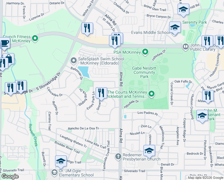 map of restaurants, bars, coffee shops, grocery stores, and more near 7600 Glenwood Springs Lane in McKinney