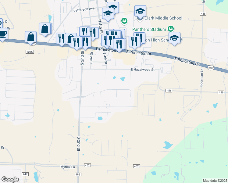 map of restaurants, bars, coffee shops, grocery stores, and more near 417 Harvard Drive in Princeton