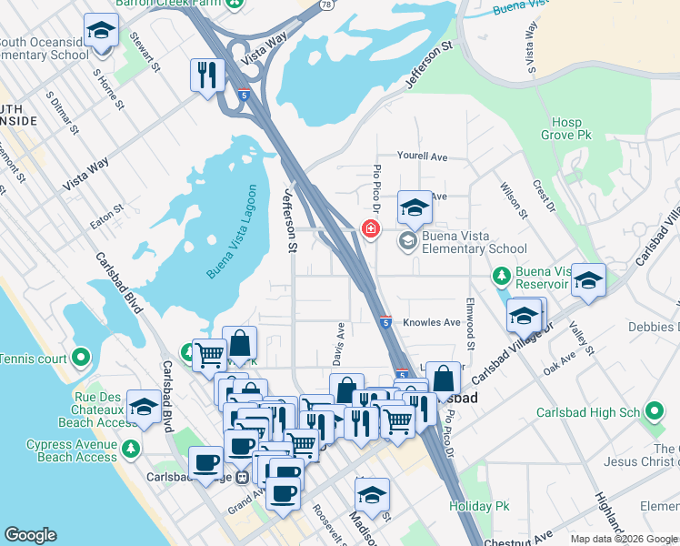 map of restaurants, bars, coffee shops, grocery stores, and more near 2452 Tuttle Street in Carlsbad