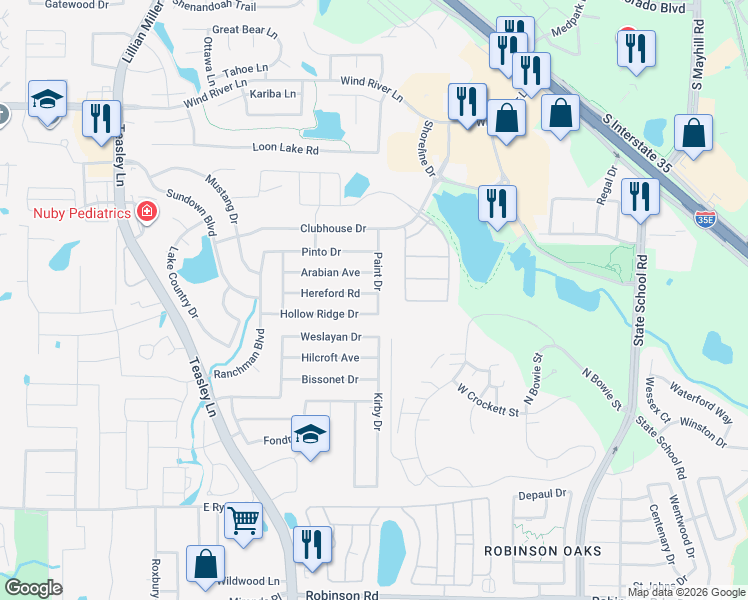 map of restaurants, bars, coffee shops, grocery stores, and more near 2813 Hereford Road in Denton