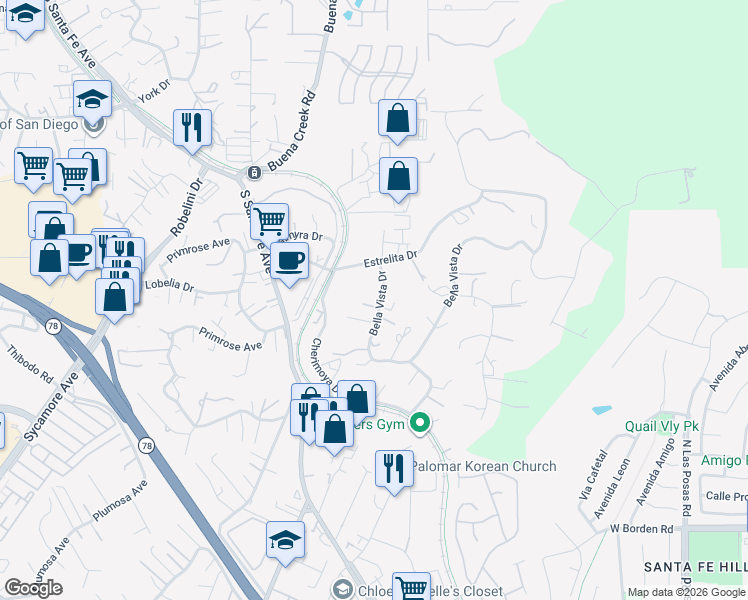 map of restaurants, bars, coffee shops, grocery stores, and more near 2528 Bella Vista Drive in Vista