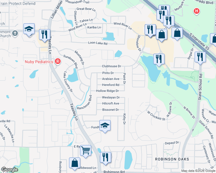 map of restaurants, bars, coffee shops, grocery stores, and more near 2704 Hereford Road in Denton
