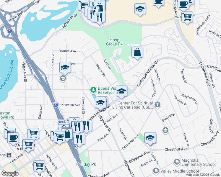 map of restaurants, bars, coffee shops, grocery stores, and more near 1835 Buena Vista Way in Carlsbad