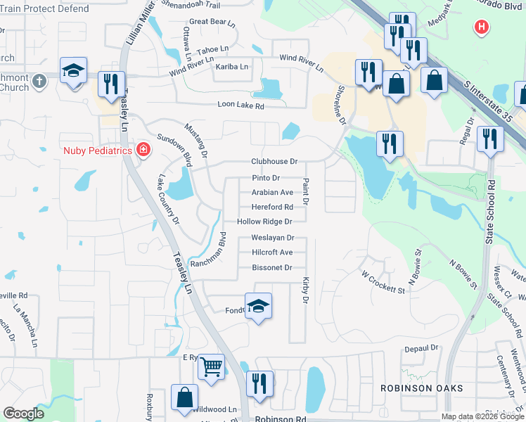 map of restaurants, bars, coffee shops, grocery stores, and more near 2713 Hereford Road in Denton