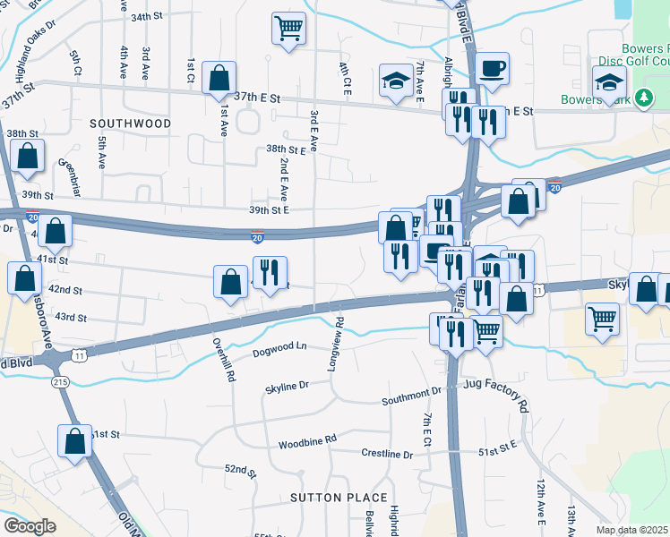 map of restaurants, bars, coffee shops, grocery stores, and more near 408 Skyland East Boulevard in Tuscaloosa