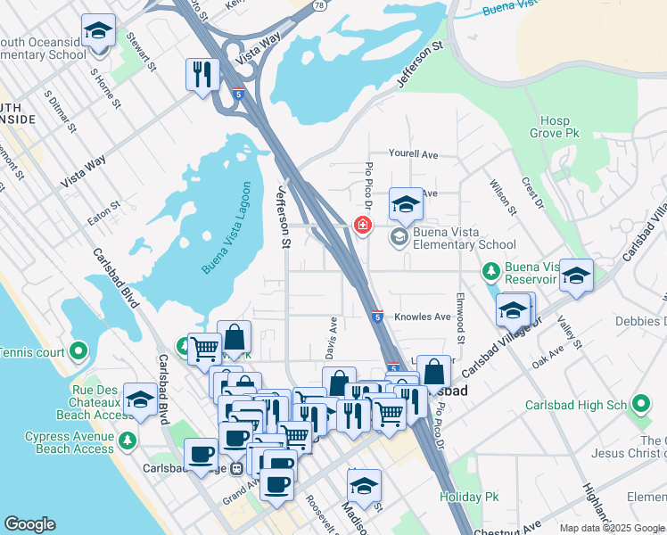 map of restaurants, bars, coffee shops, grocery stores, and more near 2452 Tuttle Street in Carlsbad