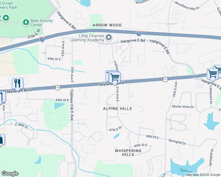 map of restaurants, bars, coffee shops, grocery stores, and more near 2935 Skyland East Boulevard in Tuscaloosa