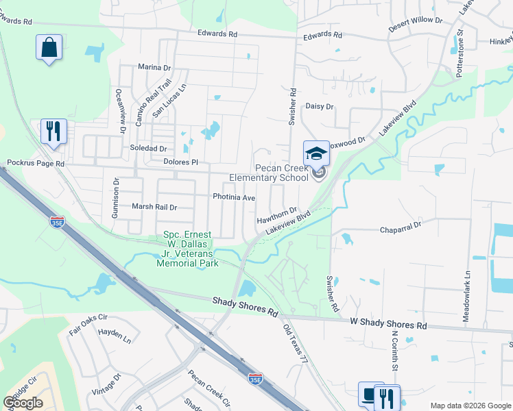 map of restaurants, bars, coffee shops, grocery stores, and more near 4604 Indian Paint Way in Denton