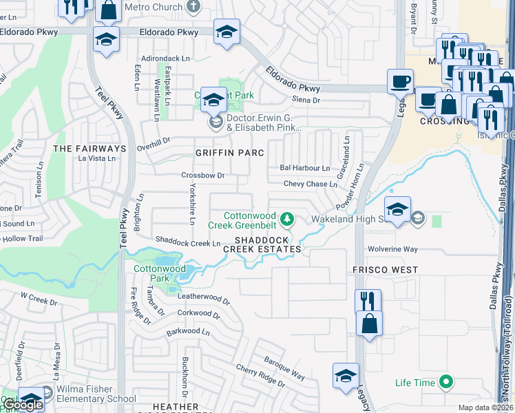 map of restaurants, bars, coffee shops, grocery stores, and more near 10997 Stone House Lane in Frisco