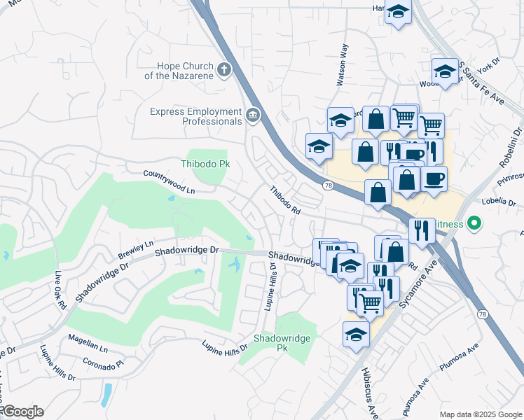 map of restaurants, bars, coffee shops, grocery stores, and more near 986 Lupine Hills Drive in Vista