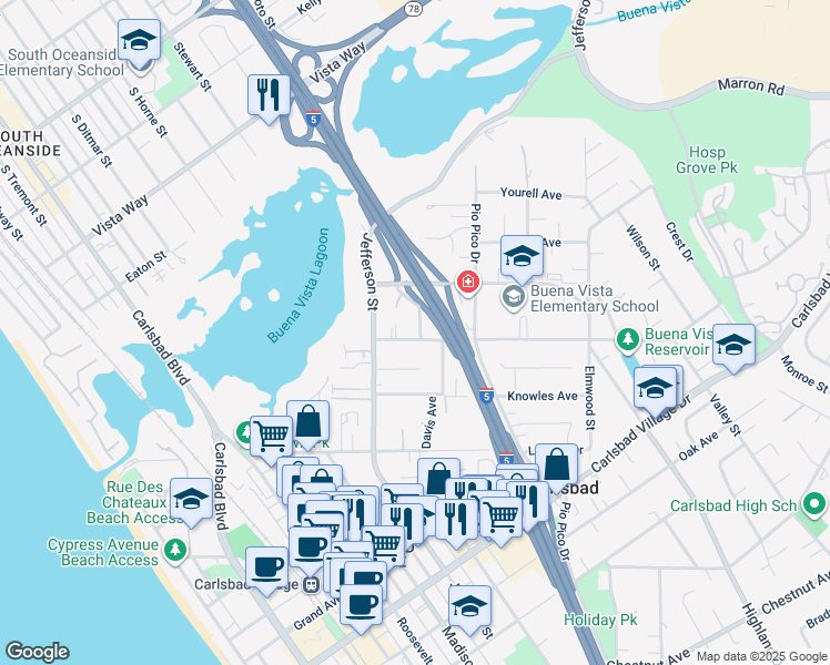 map of restaurants, bars, coffee shops, grocery stores, and more near 2452 Tuttle Street in Carlsbad