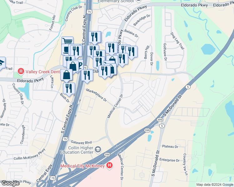 map of restaurants, bars, coffee shops, grocery stores, and more near 3392 Medical Center Drive in McKinney