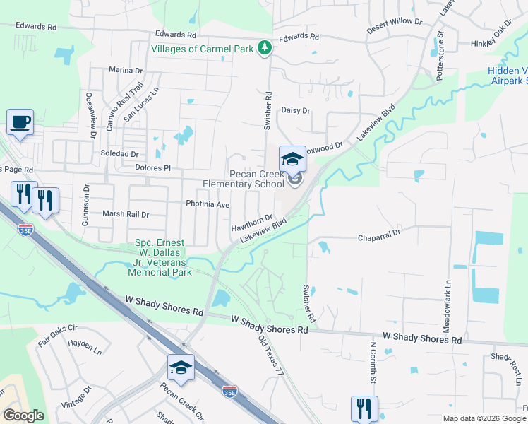 map of restaurants, bars, coffee shops, grocery stores, and more near 4508 Black Walnut in Denton