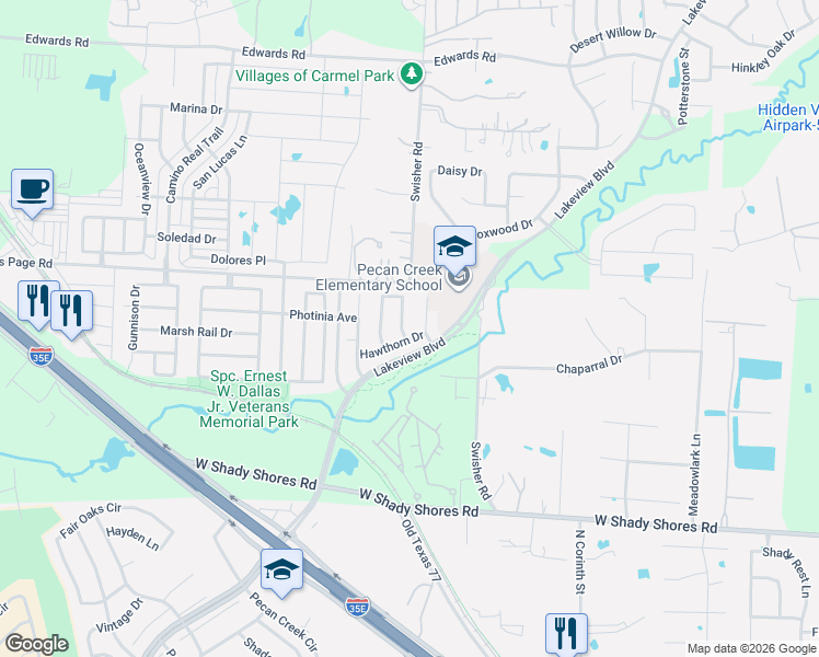 map of restaurants, bars, coffee shops, grocery stores, and more near 4508 Black Walnut in Denton