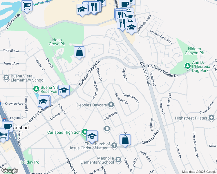 map of restaurants, bars, coffee shops, grocery stores, and more near 2195 Basswood Avenue in Carlsbad