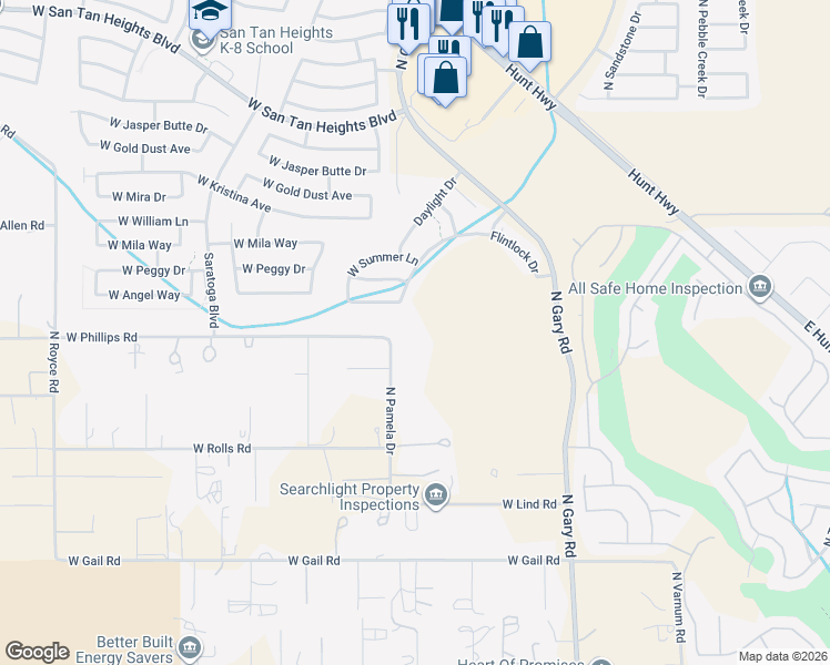 map of restaurants, bars, coffee shops, grocery stores, and more near 31829 North Pamela Drive in Queen Creek