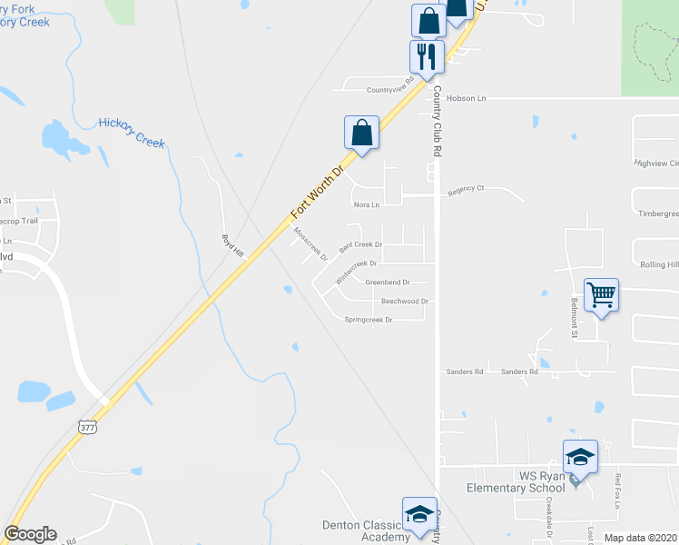 map of restaurants, bars, coffee shops, grocery stores, and more near 1204 Wintercreek Drive in Denton