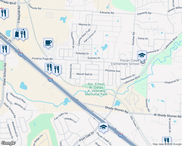 map of restaurants, bars, coffee shops, grocery stores, and more near 6021 Marsh Rail Drive in Denton
