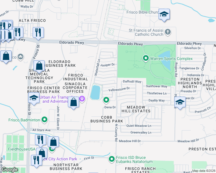 map of restaurants, bars, coffee shops, grocery stores, and more near 7187 Prairie Flower Lane in Frisco