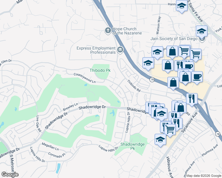 map of restaurants, bars, coffee shops, grocery stores, and more near 1027 Gleneagles Place in Vista
