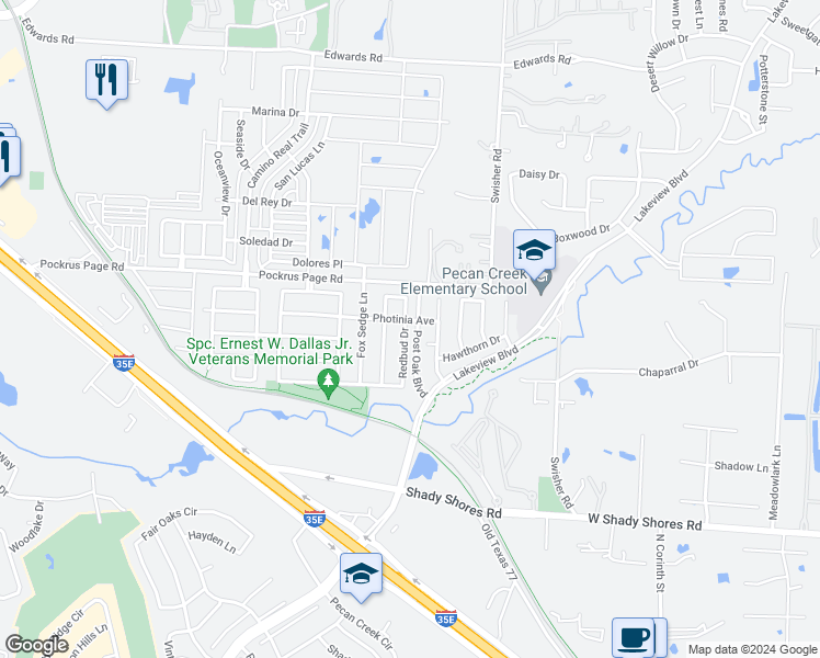 map of restaurants, bars, coffee shops, grocery stores, and more near 4605 Redbud Drive in Denton