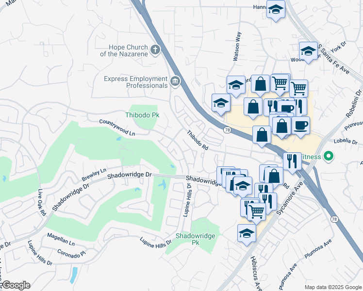 map of restaurants, bars, coffee shops, grocery stores, and more near 986 Lupine Hills Drive in Vista