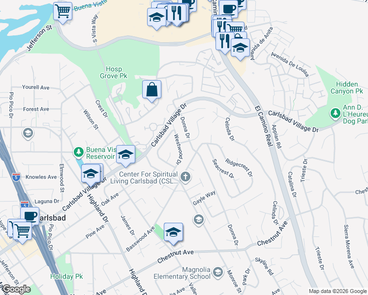 map of restaurants, bars, coffee shops, grocery stores, and more near 3285 Westwood Drive in Carlsbad