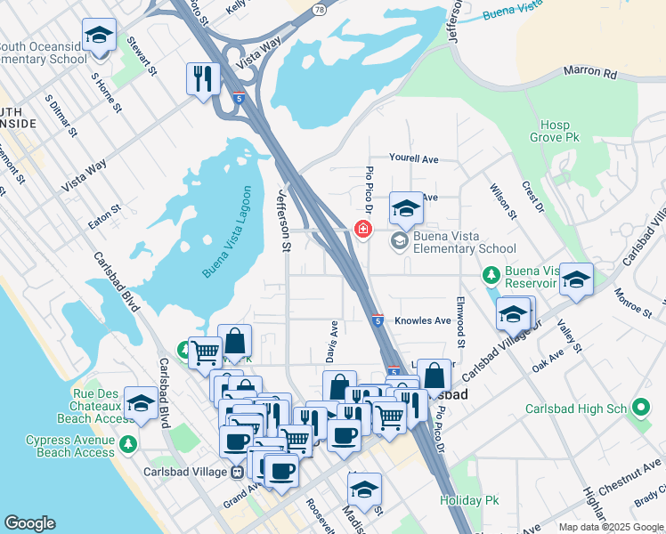 map of restaurants, bars, coffee shops, grocery stores, and more near 2452 Tuttle Street in Carlsbad