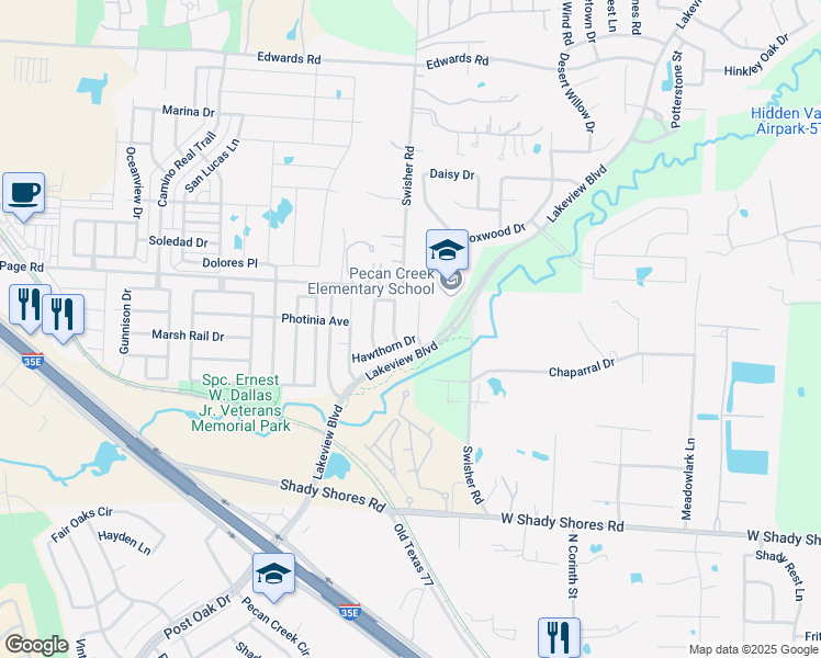 map of restaurants, bars, coffee shops, grocery stores, and more near 4508 Black Walnut in Denton